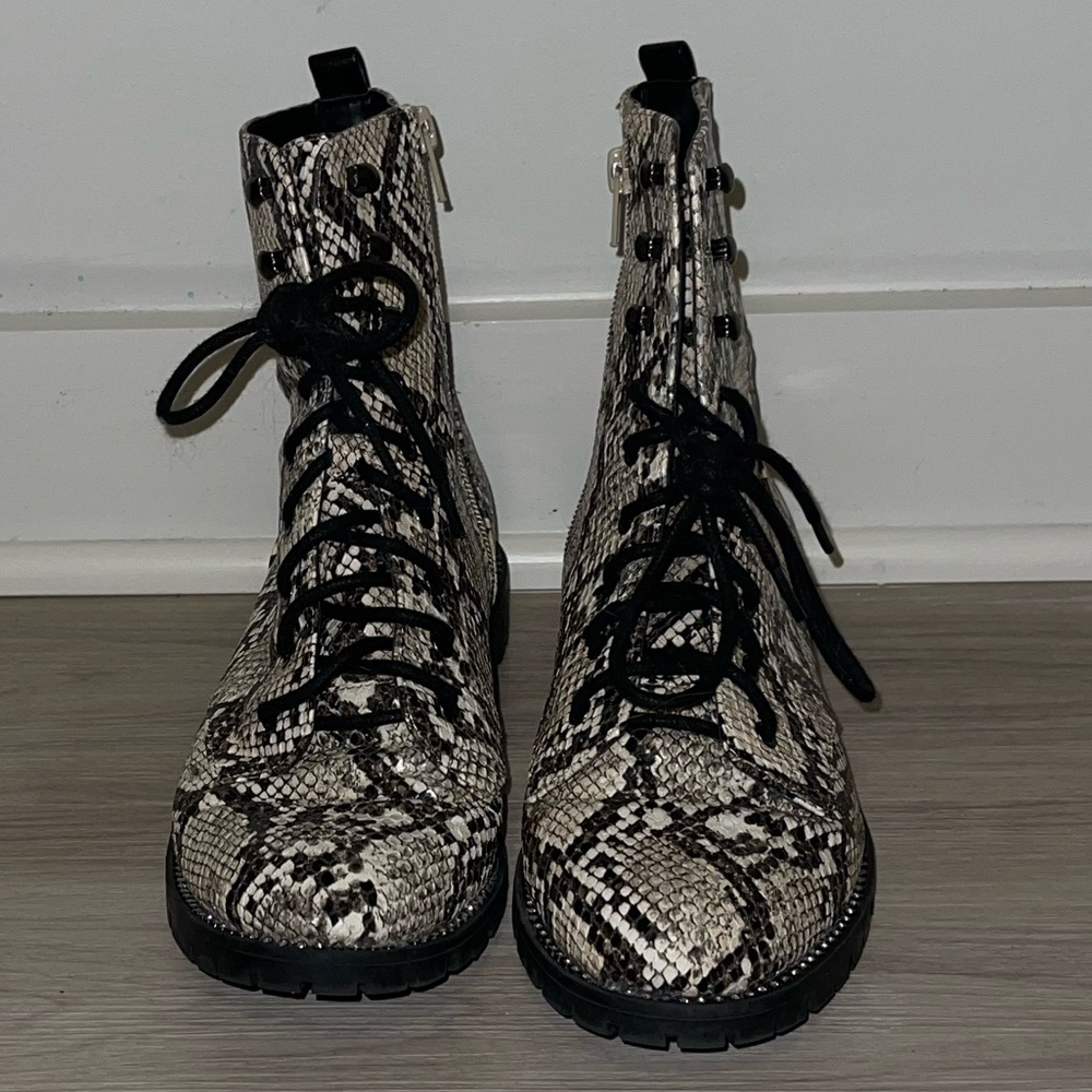 Express snakeskin combat booties. Rhinestone embellishing around sole. - Picture 4 of 10